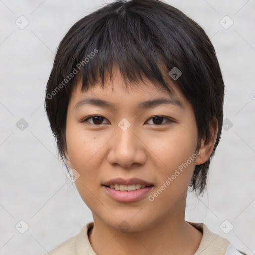 Joyful asian young-adult female with short  brown hair and brown eyes