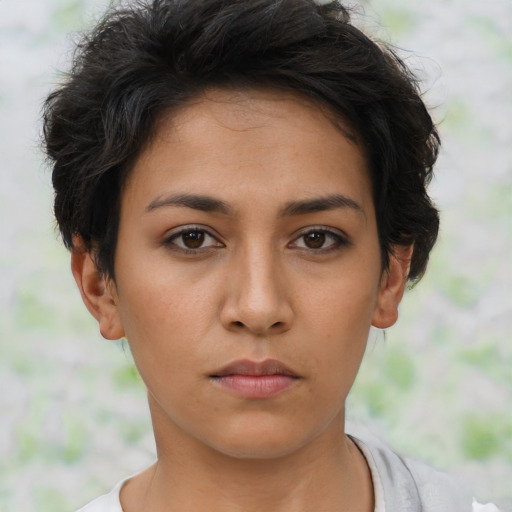 Neutral asian young-adult female with short  brown hair and brown eyes