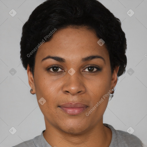 Joyful latino young-adult female with short  black hair and brown eyes