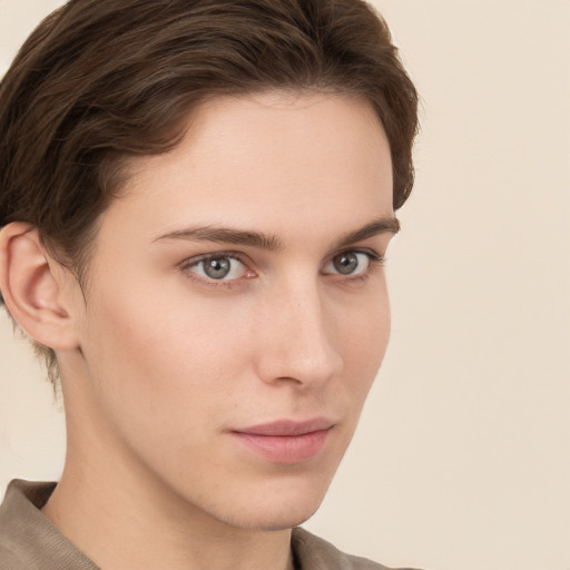 Neutral white young-adult female with short  brown hair and brown eyes