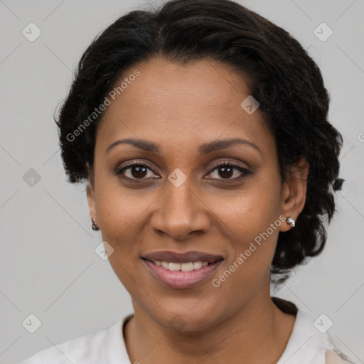 Joyful latino young-adult female with short  brown hair and brown eyes