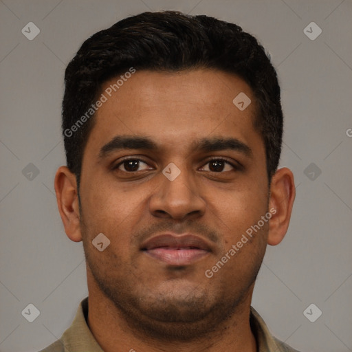 Neutral latino young-adult male with short  brown hair and brown eyes
