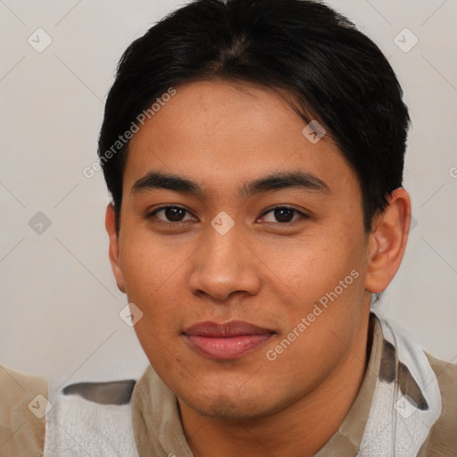 Joyful asian young-adult male with short  brown hair and brown eyes