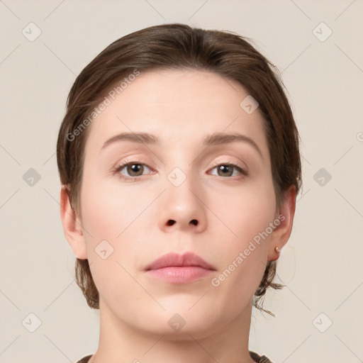 Neutral white young-adult female with medium  brown hair and brown eyes