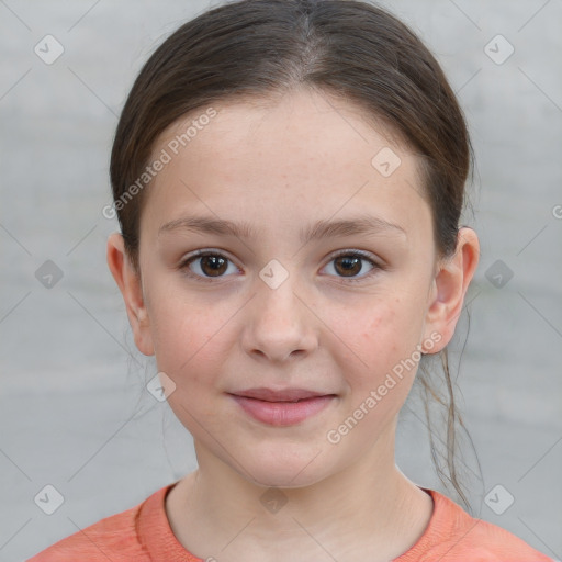 Joyful white child female with short  brown hair and brown eyes