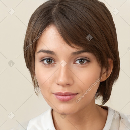 Neutral white young-adult female with medium  brown hair and brown eyes