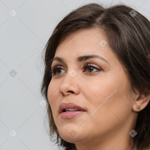 Neutral white young-adult female with medium  brown hair and brown eyes