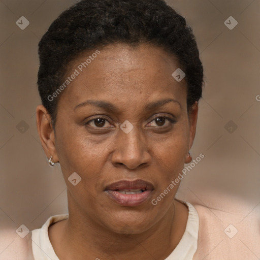 Joyful black adult female with short  brown hair and brown eyes