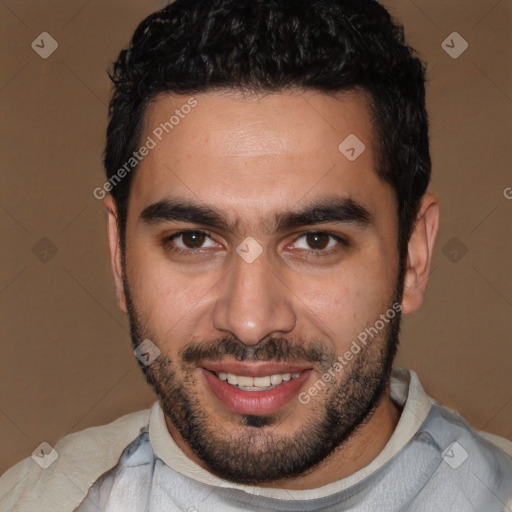 Joyful white young-adult male with short  black hair and brown eyes