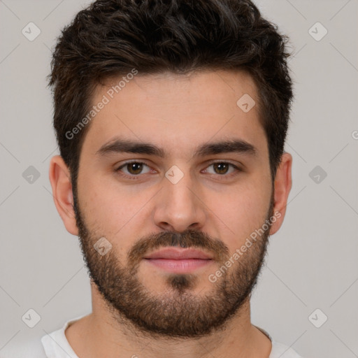 Neutral white young-adult male with short  brown hair and brown eyes