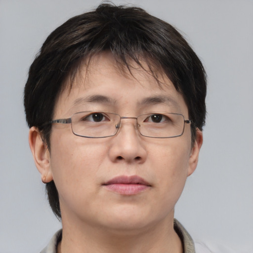 Neutral asian adult male with short  brown hair and brown eyes