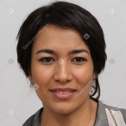 Joyful asian young-adult female with medium  black hair and brown eyes