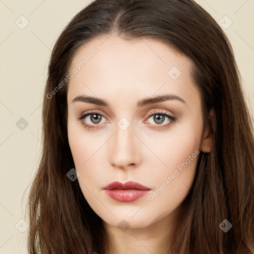 Neutral white young-adult female with long  brown hair and brown eyes