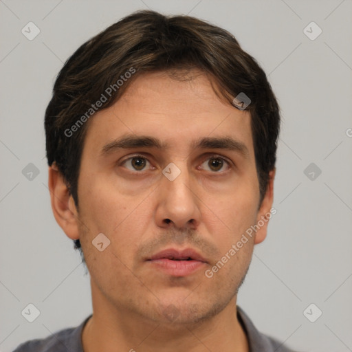 Neutral white adult male with short  brown hair and brown eyes