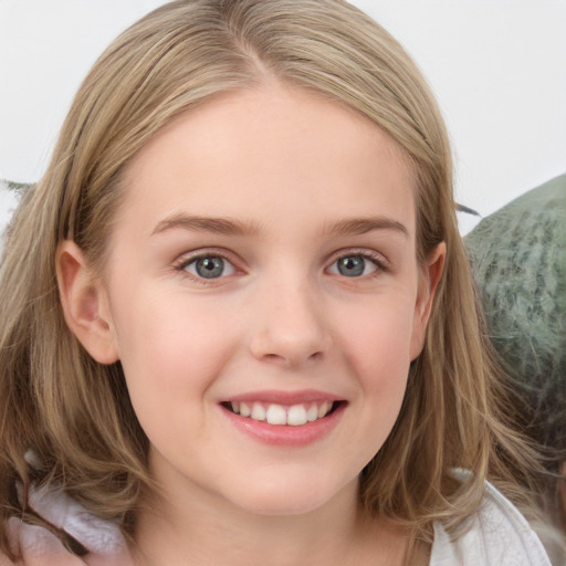 Joyful white child female with medium  brown hair and blue eyes