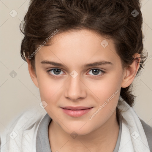 Joyful white child female with medium  brown hair and brown eyes