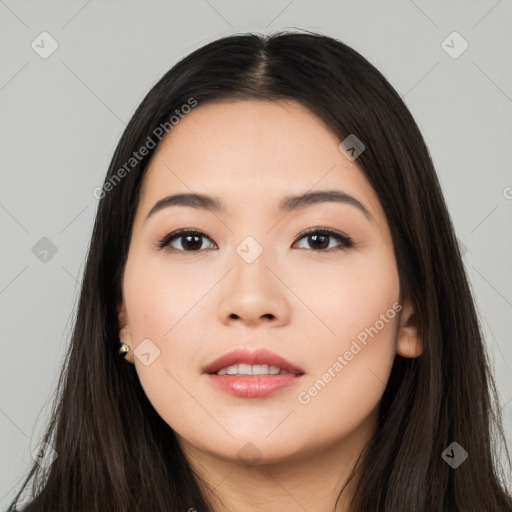 Neutral asian young-adult female with long  black hair and brown eyes