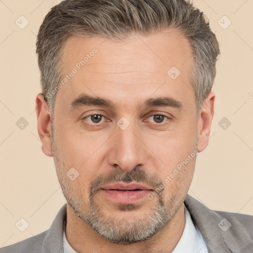 Neutral white adult male with short  brown hair and brown eyes