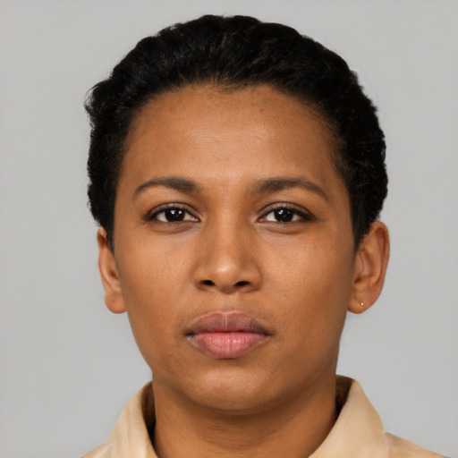 Neutral latino young-adult female with short  black hair and brown eyes