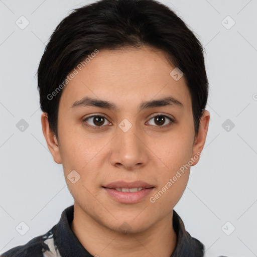 Joyful white young-adult female with short  brown hair and brown eyes