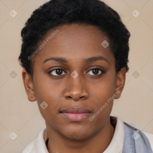 Neutral black young-adult female with short  brown hair and brown eyes