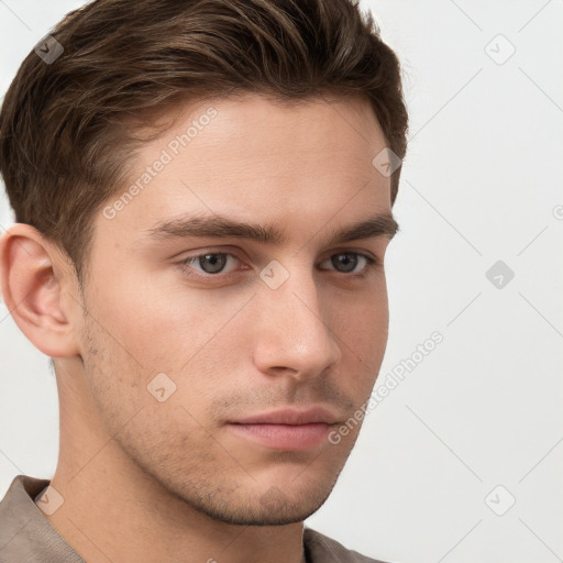 Neutral white young-adult male with short  brown hair and grey eyes