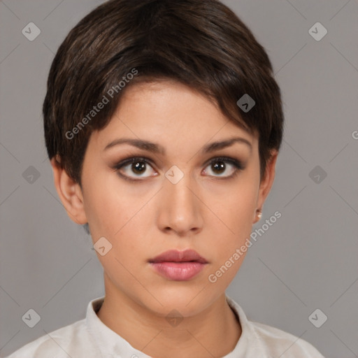 Neutral white young-adult female with short  brown hair and brown eyes