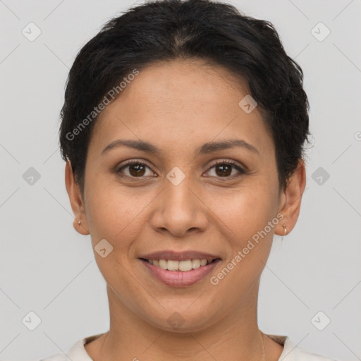 Joyful white young-adult female with short  brown hair and brown eyes