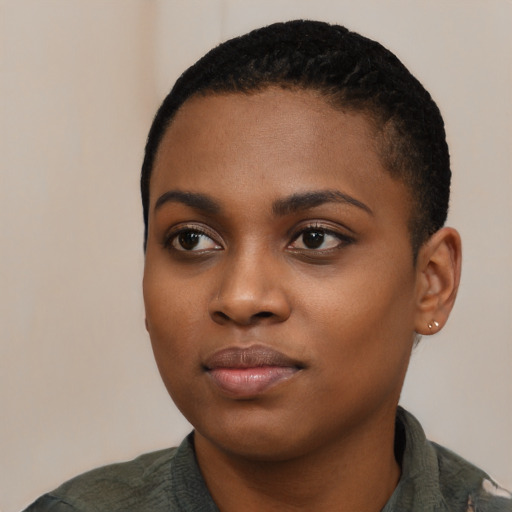 Neutral black young-adult female with short  black hair and brown eyes