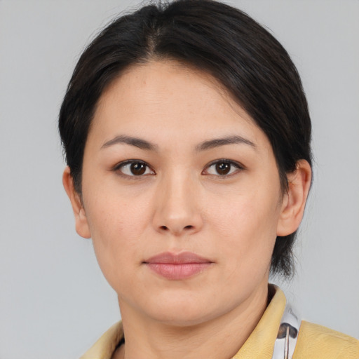 Neutral asian young-adult female with medium  brown hair and brown eyes