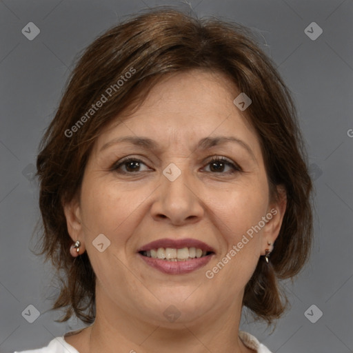 Joyful white adult female with medium  brown hair and brown eyes