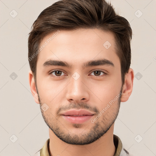 Neutral white young-adult male with short  brown hair and brown eyes