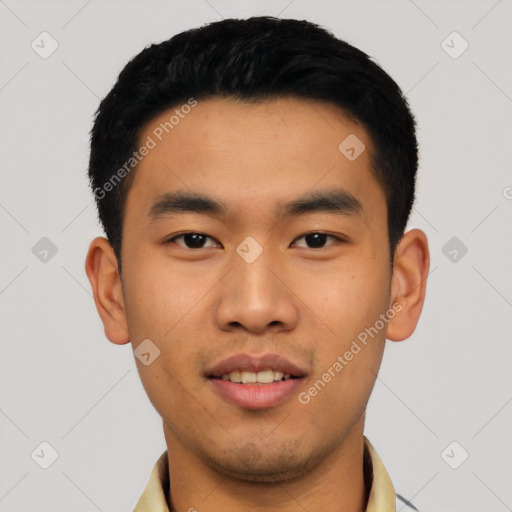 Joyful asian young-adult male with short  black hair and brown eyes