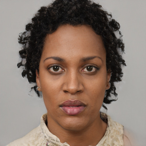 Neutral black young-adult female with short  brown hair and brown eyes