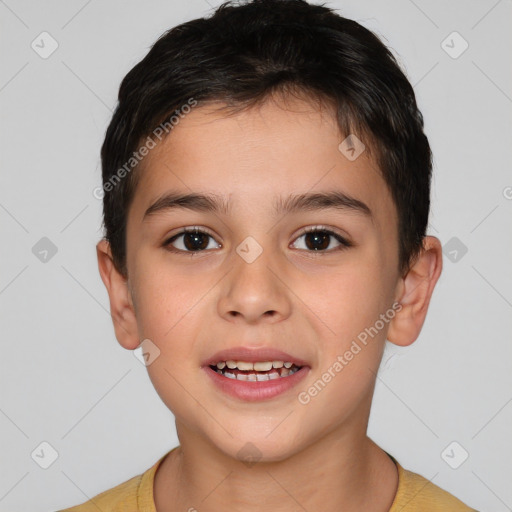 Joyful white child male with short  brown hair and brown eyes