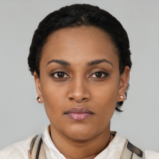 Neutral black young-adult female with short  black hair and brown eyes