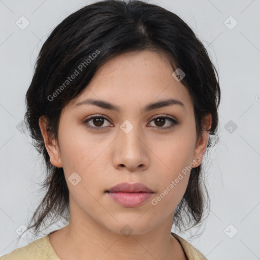 Neutral asian young-adult female with medium  brown hair and brown eyes