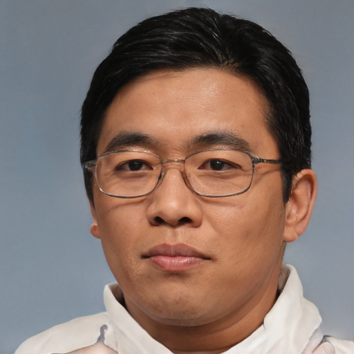 Joyful asian adult male with short  black hair and brown eyes