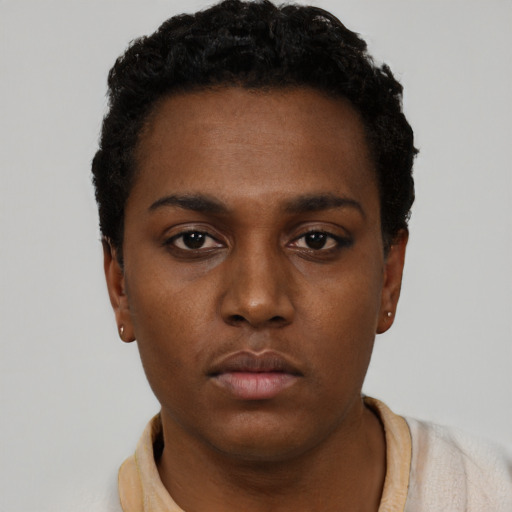 Neutral black young-adult female with short  black hair and brown eyes