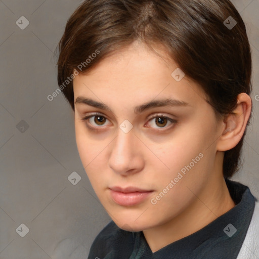 Neutral white young-adult female with medium  brown hair and brown eyes