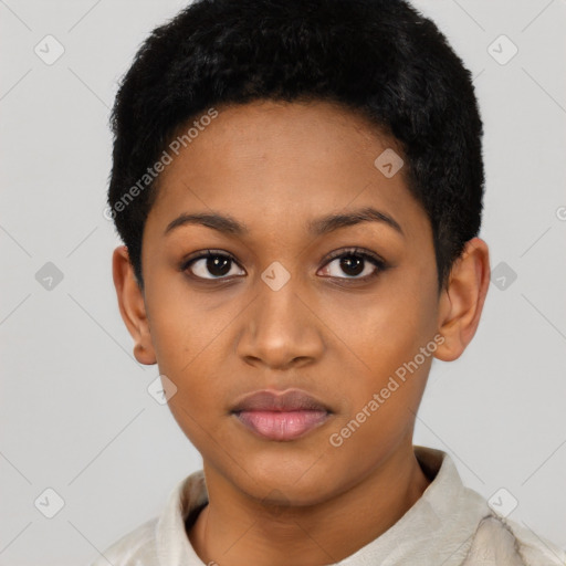 Neutral latino young-adult female with short  black hair and brown eyes