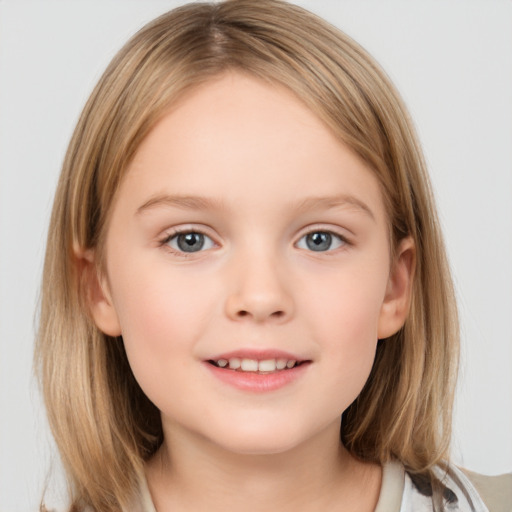 Joyful white child female with medium  brown hair and grey eyes