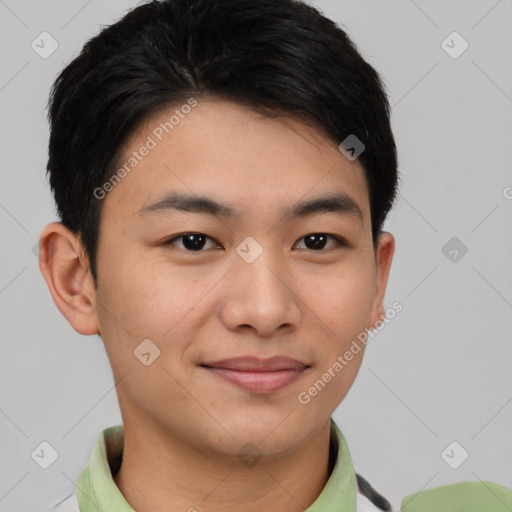 Joyful asian young-adult male with short  brown hair and brown eyes