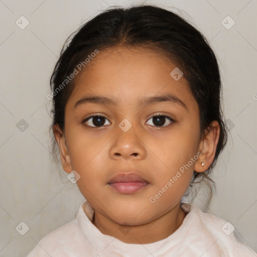 Neutral latino child female with medium  brown hair and brown eyes