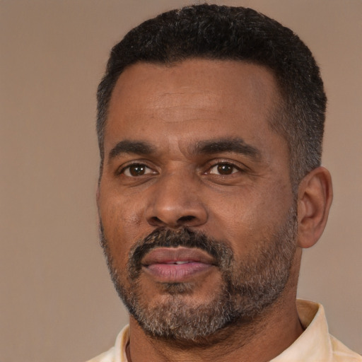 Neutral black adult male with short  black hair and brown eyes