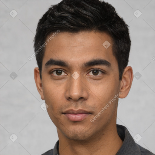 Neutral latino young-adult male with short  black hair and brown eyes