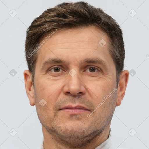 Neutral white adult male with short  brown hair and brown eyes