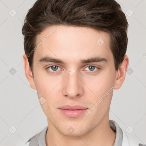 Neutral white young-adult male with short  brown hair and brown eyes