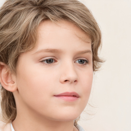 Neutral white child female with medium  brown hair and blue eyes