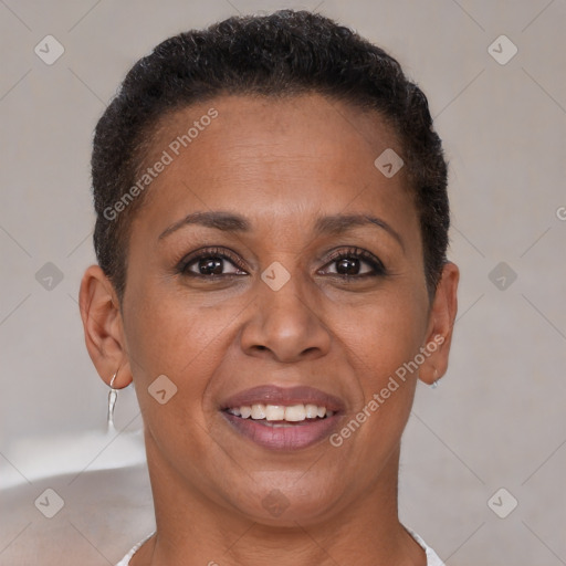 Joyful black adult female with short  brown hair and brown eyes